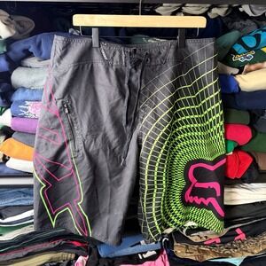 Fox Racing Mens Board Shorts Size 36 Black Neon Green Pink Geometric Swim Trunks